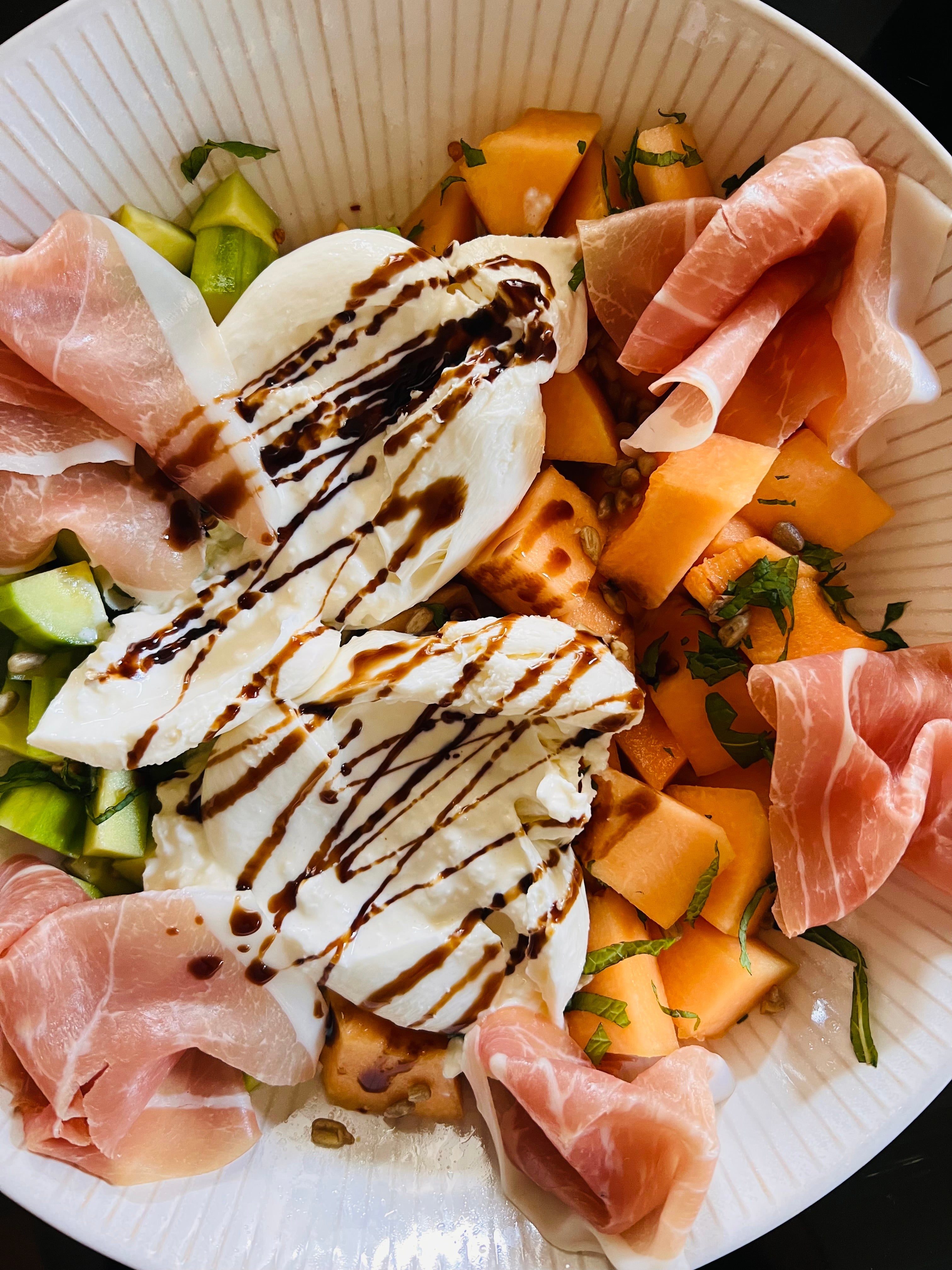 Cucumber, Melon & Burrata Salad with Apricot Balsamic