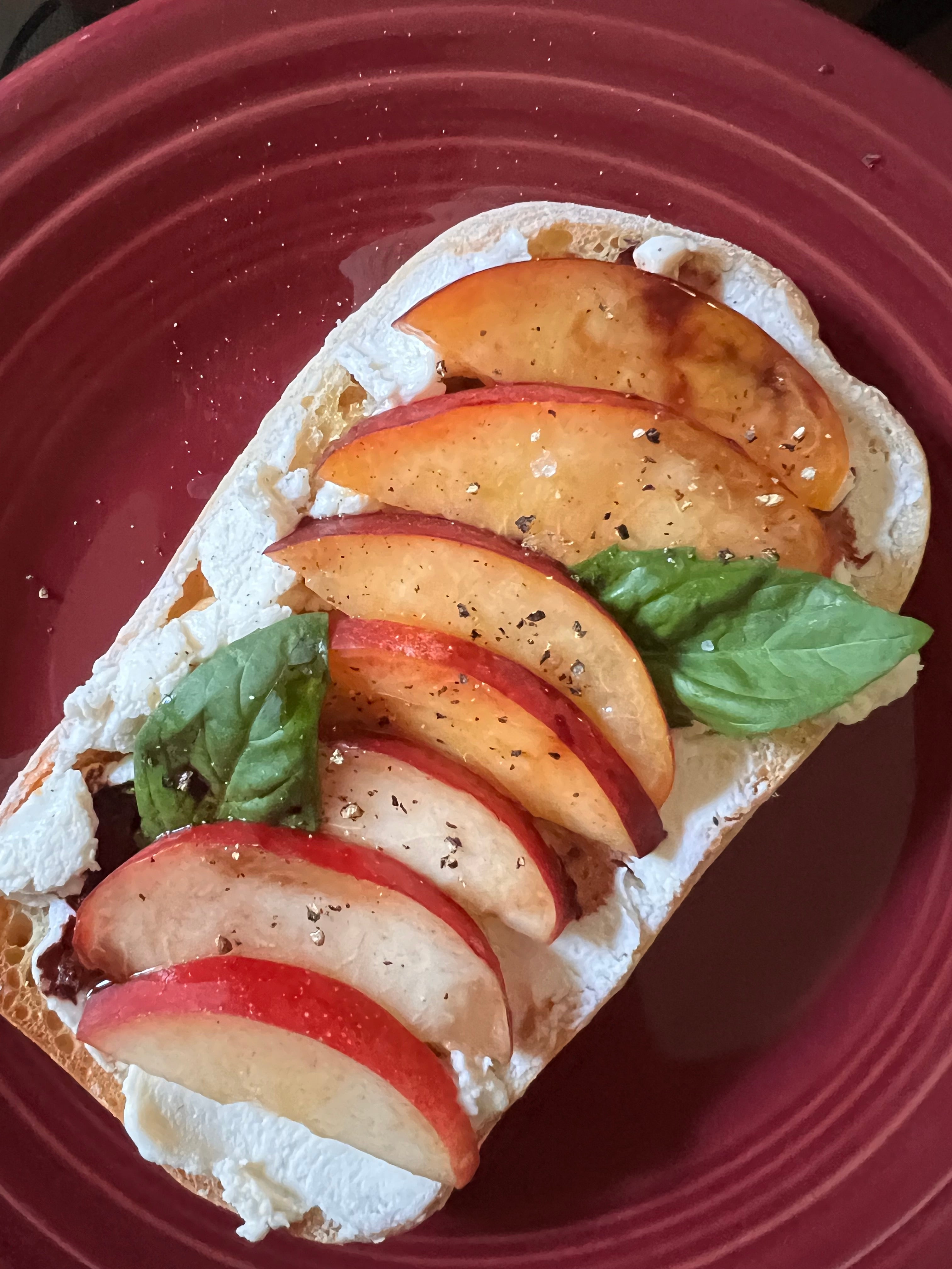 Peach & Goat Cheese Toast with Cherry Balsamic and Basil Oil