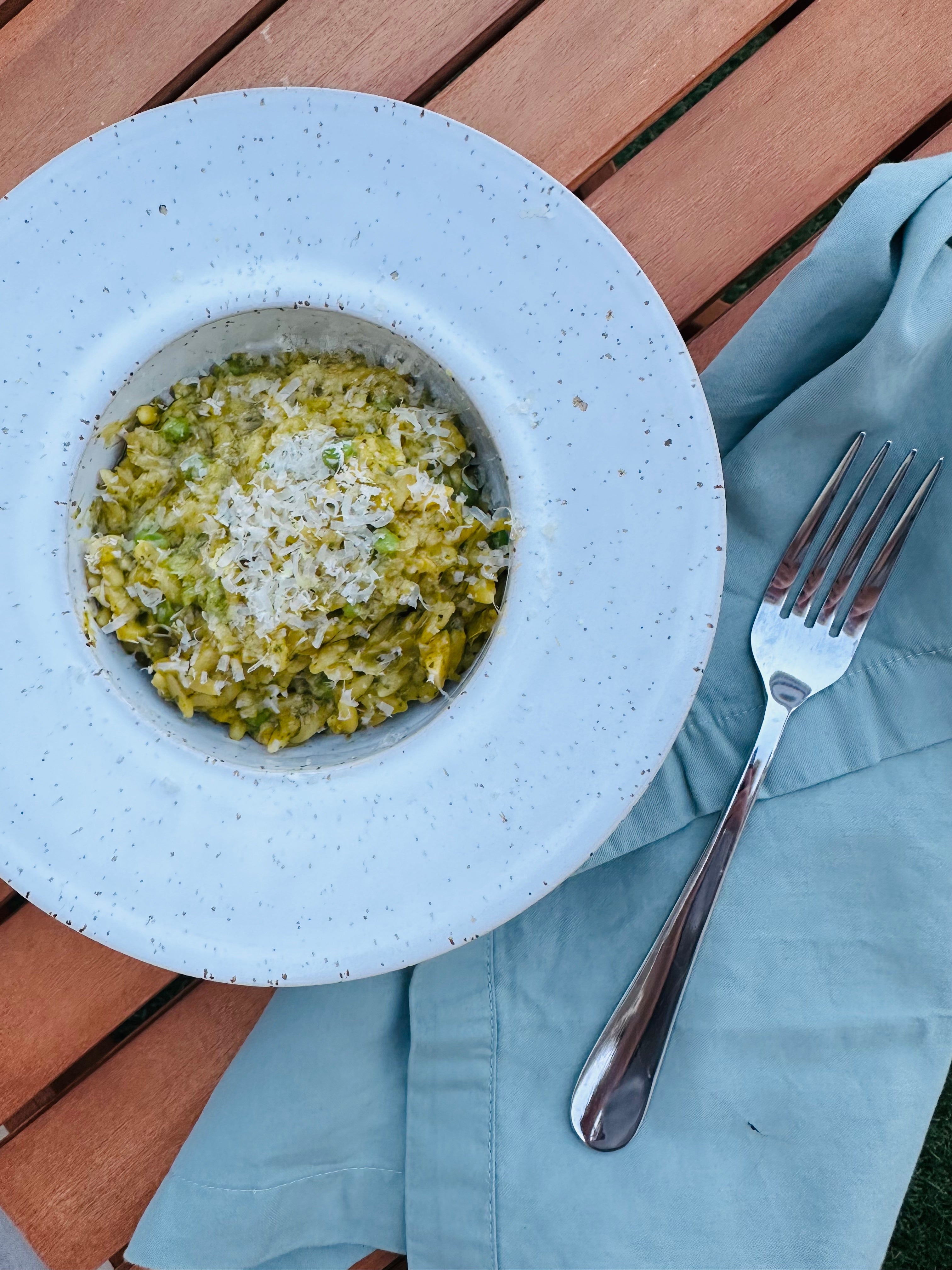 Leek & Pea Orzo with Basil Olive Oil