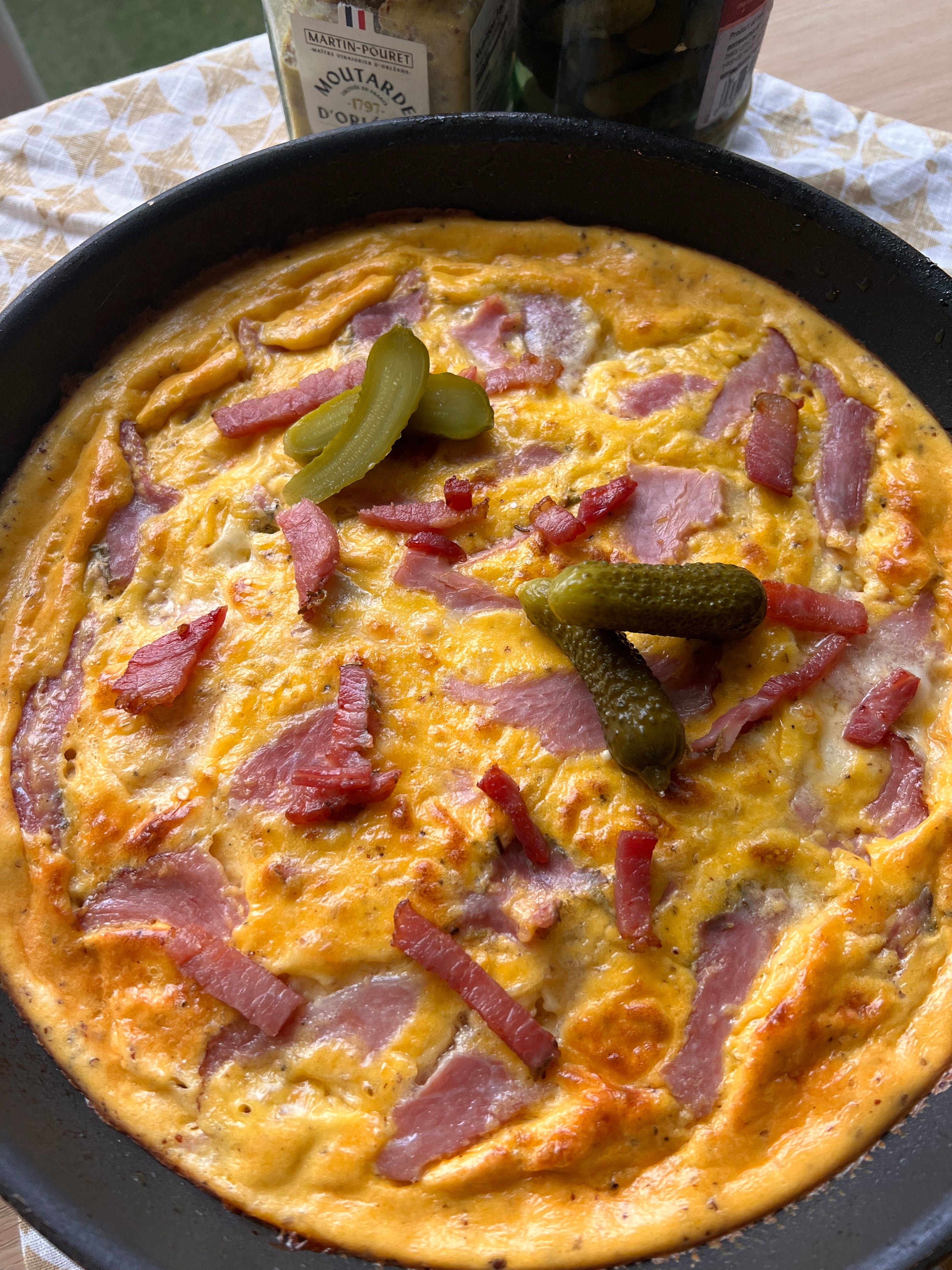 Frittata with Ham, Brie, Grain Mustard & Pickle Garnish