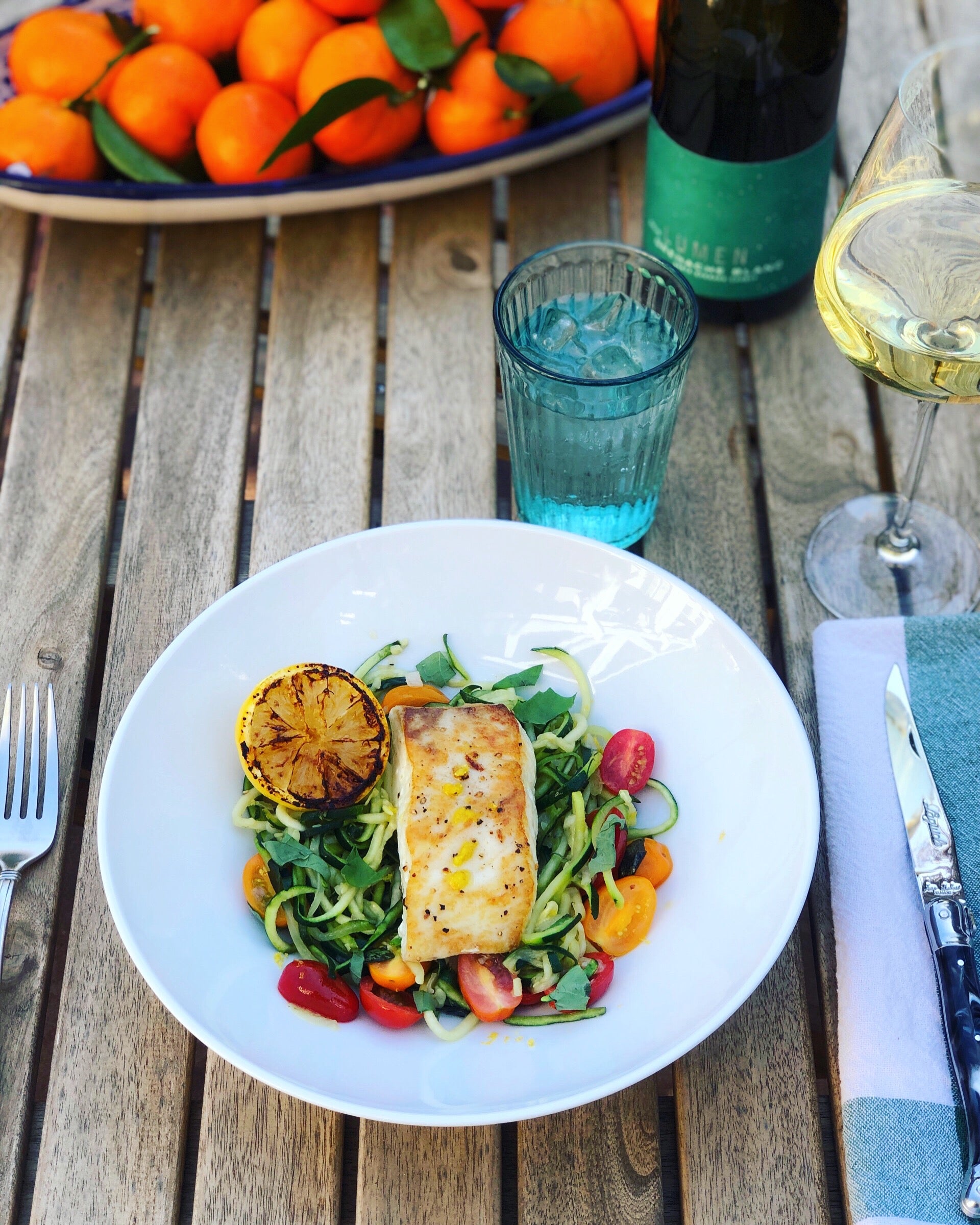 Zucchini Noodles with Pan Seared Halibut