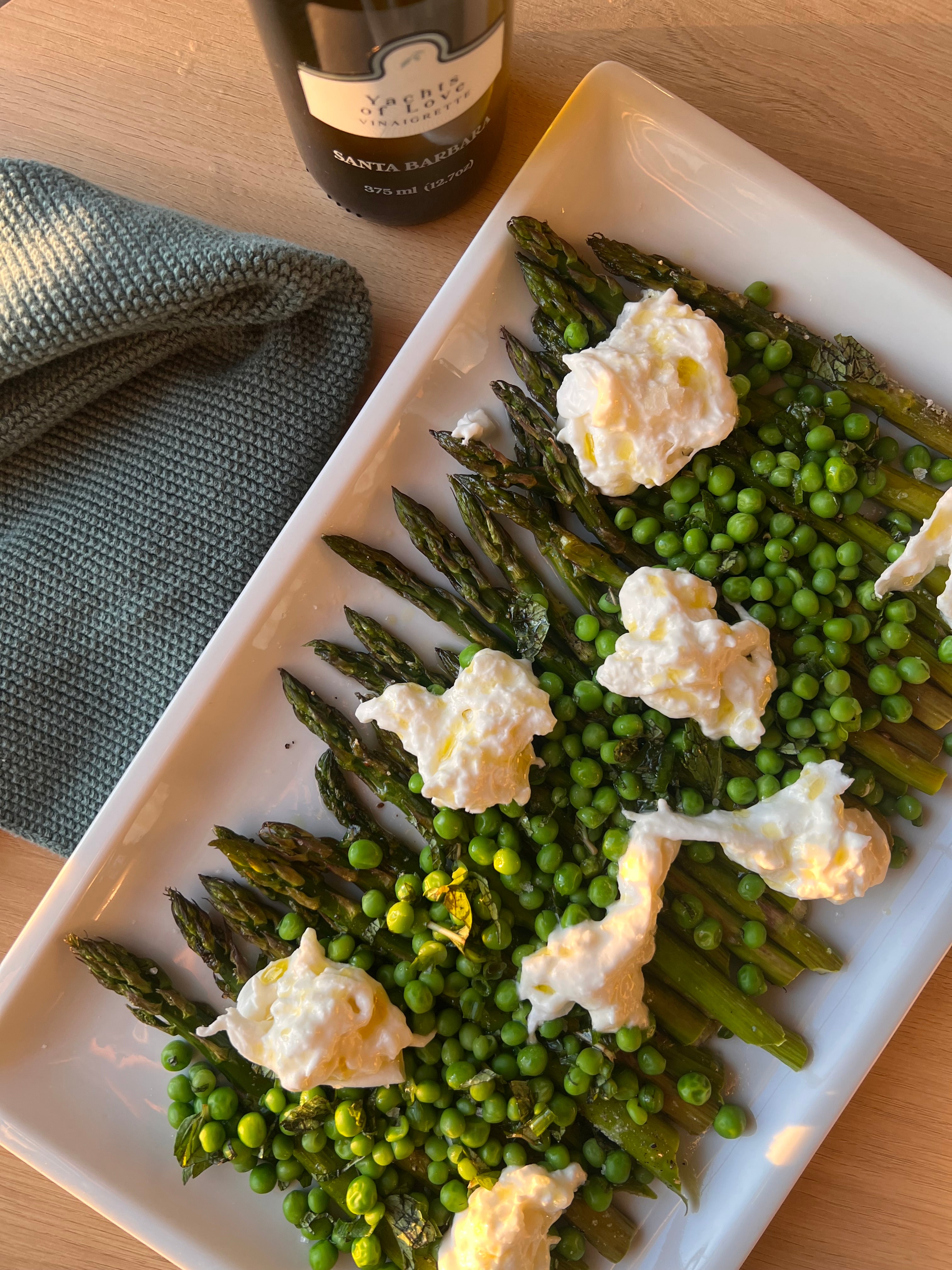 Grilled Asparagus with Peas, Burrata and Yachts of Love Vinaigrette