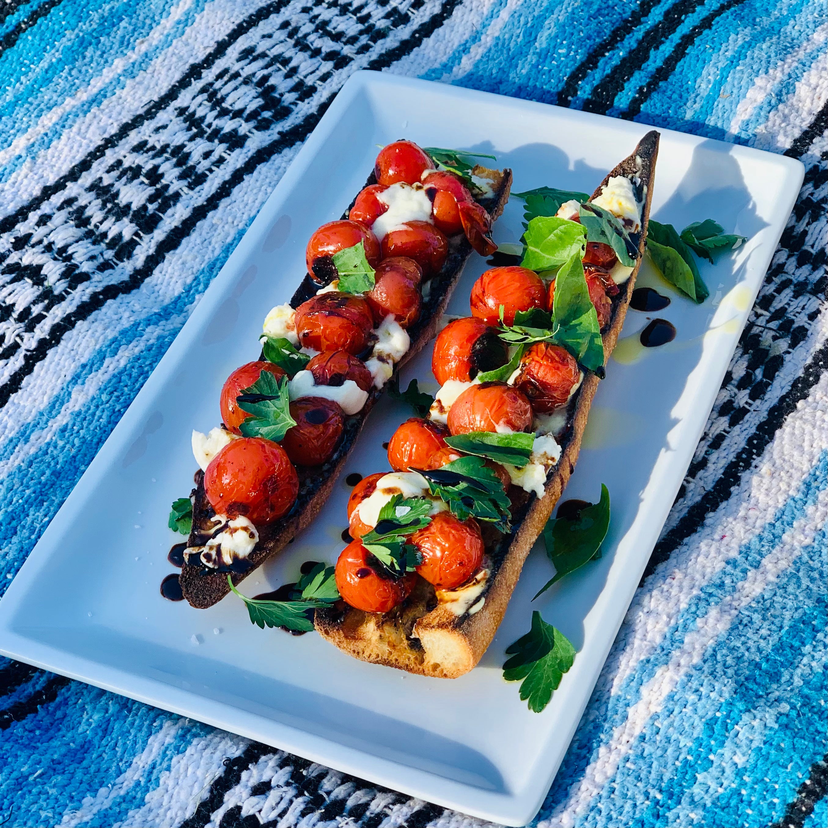 Charred Caprese Open-Faced Sandwich with Basil & Aged Balsamic Dressing